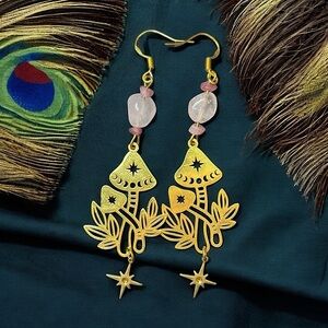Rose Quartz Crystal Strawberry Gemstone Mushroom Stars Moon Earrings Gold .925